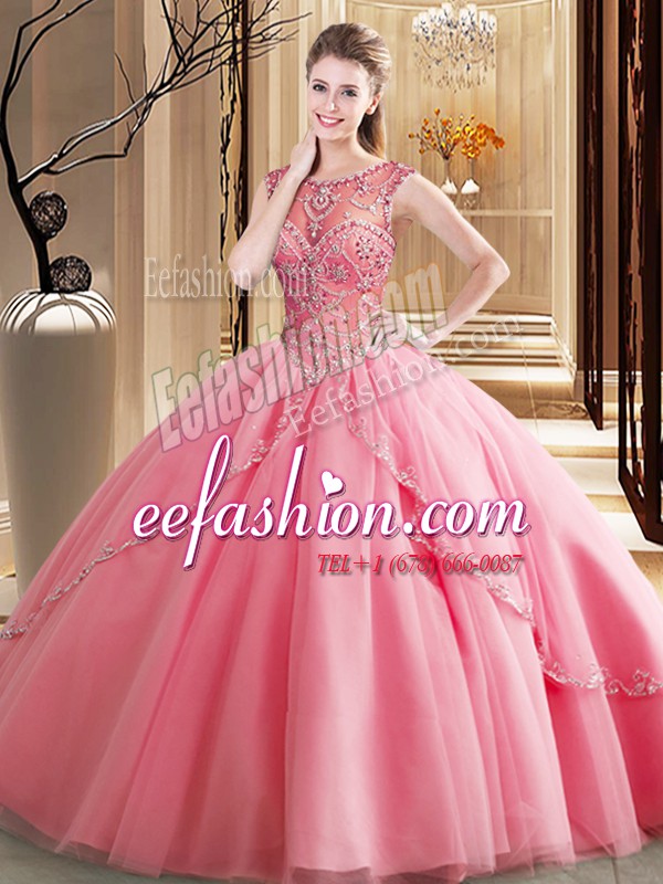  Watermelon Red Sweet 16 Dresses Military Ball and Sweet 16 and Quinceanera and For with Beading Scoop Sleeveless Brush Train Lace Up