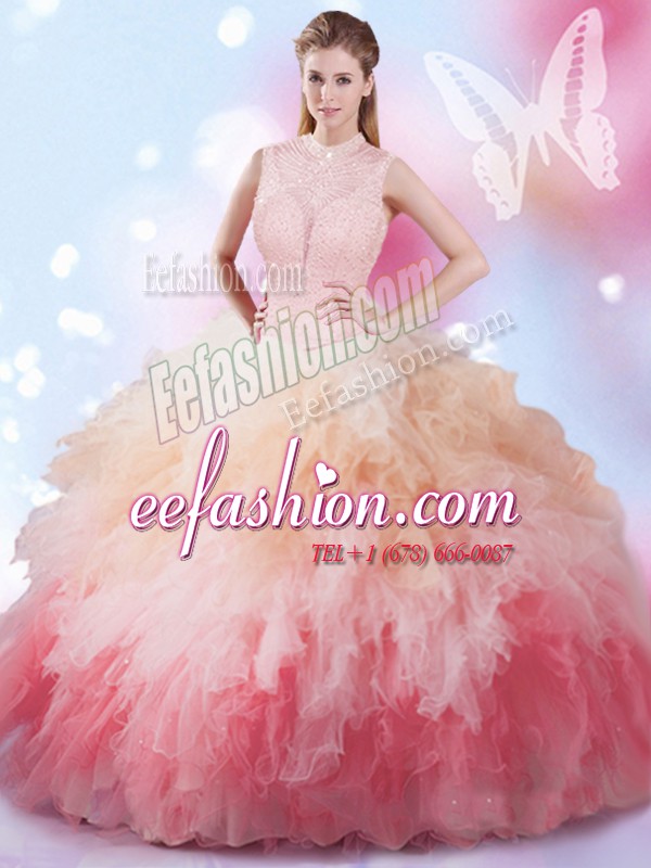 Low Price Multi-color Lace Up High-neck Beading and Ruffles 15 Quinceanera Dress Tulle Sleeveless