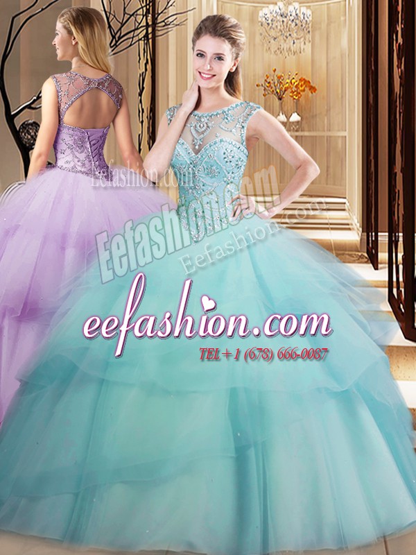 Fantastic Light Blue Quinceanera Gowns Military Ball and Sweet 16 and Quinceanera and For with Beading and Ruffled Layers Scoop Sleeveless Brush Train Lace Up