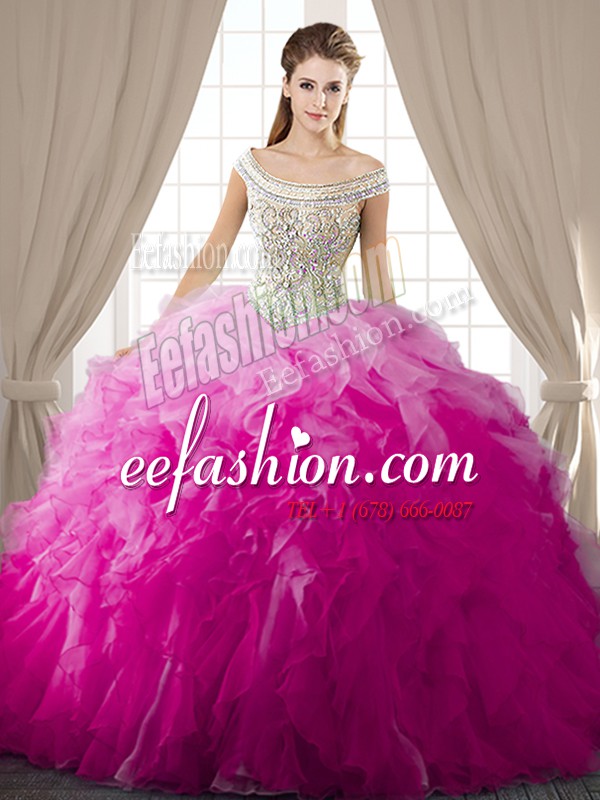 Sumptuous Off the Shoulder Floor Length Ball Gowns Sleeveless Fuchsia Ball Gown Prom Dress Lace Up