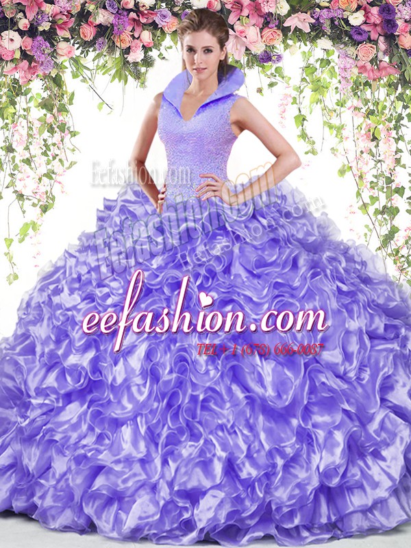  High-neck Sleeveless Backless Quinceanera Gown Lavender Organza