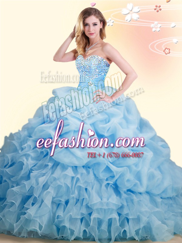 Custom Made Baby Blue Sweetheart Neckline Beading and Ruffles and Pick Ups Quinceanera Gowns Sleeveless Lace Up