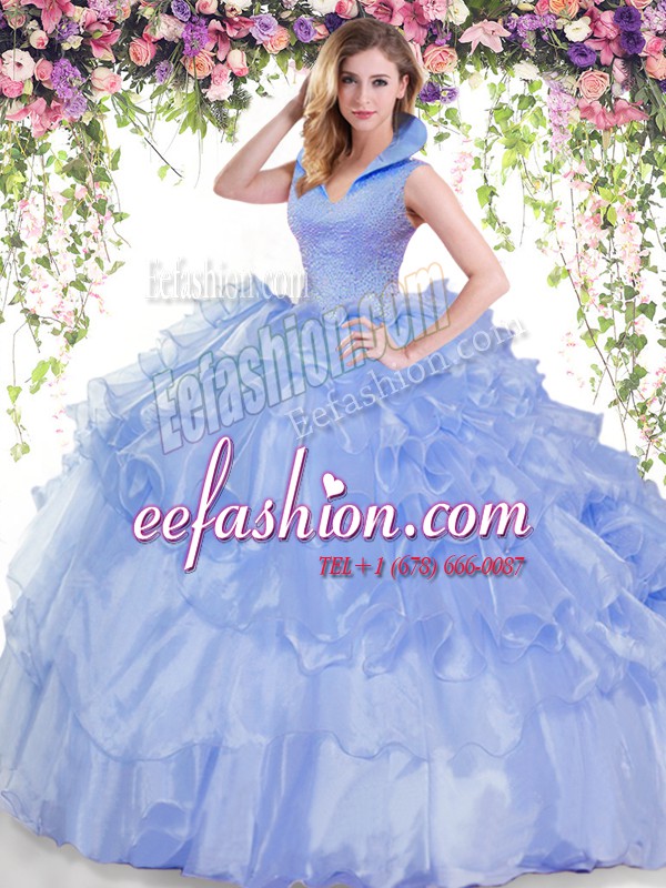 On Sale Floor Length Backless Quince Ball Gowns Blue for Military Ball and Sweet 16 and Quinceanera with Beading and Ruffled Layers