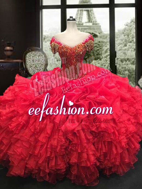  Cap Sleeves Floor Length Lace Up Ball Gown Prom Dress Red for Military Ball and Sweet 16 and Quinceanera with Beading and Ruffles