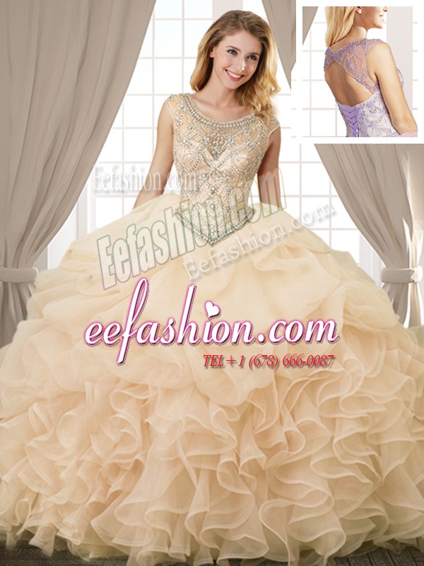 Custom Designed Scoop Sleeveless Organza Floor Length Lace Up Sweet 16 Dress in Champagne with Beading and Ruffles and Pick Ups