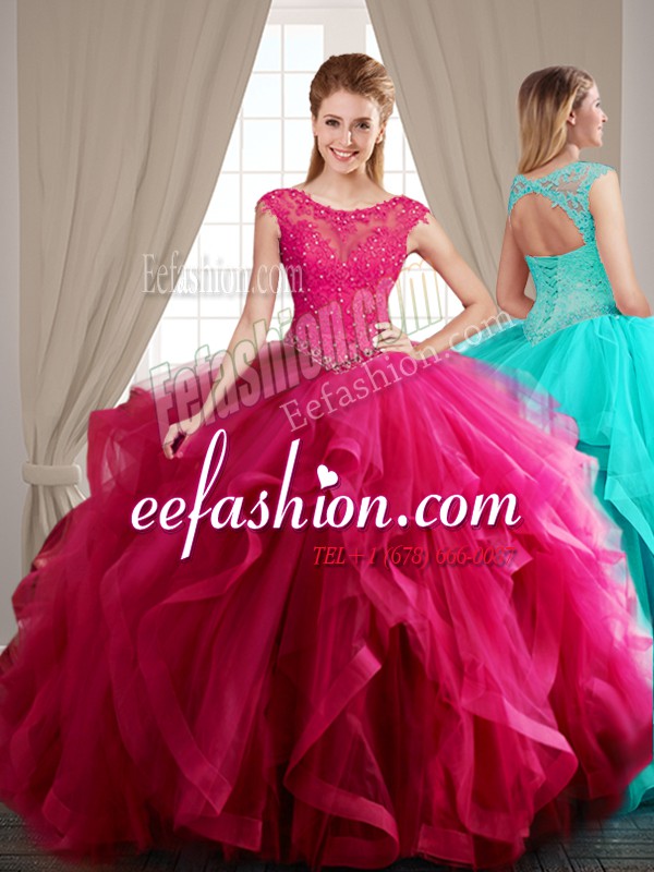  Scoop Hot Pink Tulle Lace Up 15th Birthday Dress Cap Sleeves With Brush Train Beading and Appliques and Ruffles