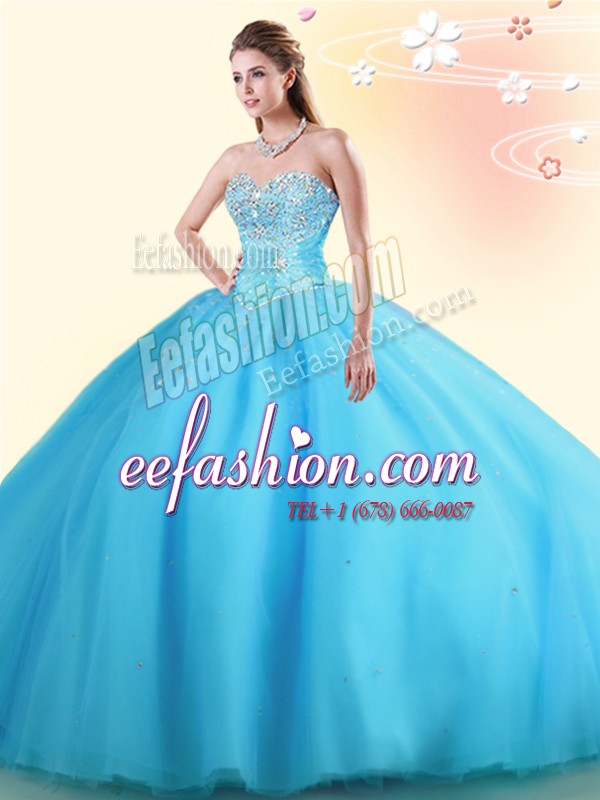 Beautiful Sleeveless Floor Length Beading Lace Up Vestidos de Quinceanera with Baby Blue