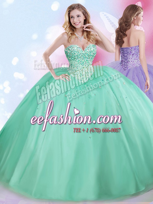 Custom Made Floor Length Lace Up Sweet 16 Quinceanera Dress Apple Green for Military Ball and Sweet 16 and Quinceanera with Beading