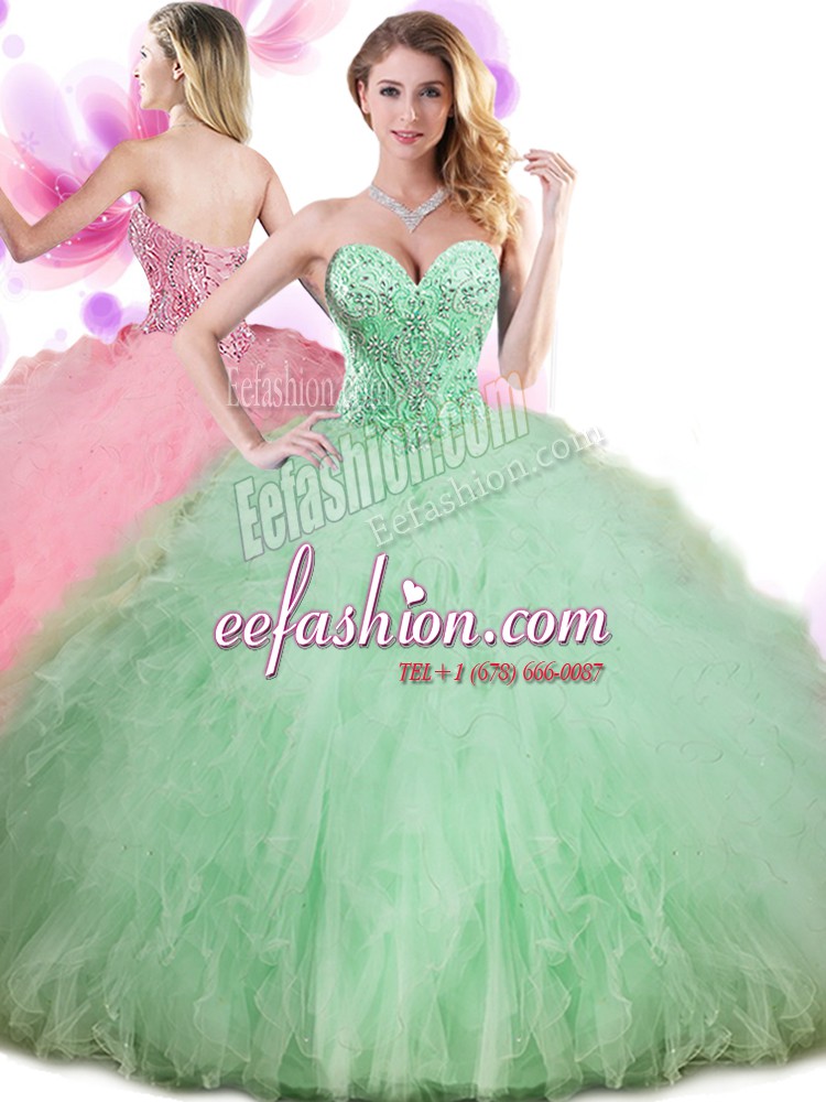 Sweet Apple Green Lace Up Quinceanera Dress Beading and Ruffles and Pick Ups Sleeveless Floor Length