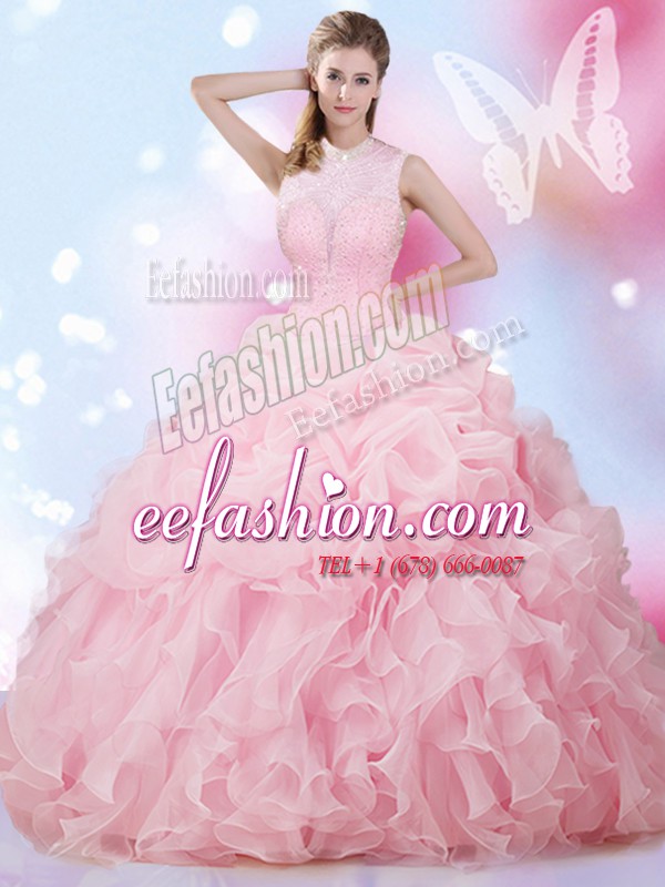  Baby Pink Organza Lace Up High-neck Sleeveless Floor Length 15 Quinceanera Dress Beading and Ruffles and Pick Ups