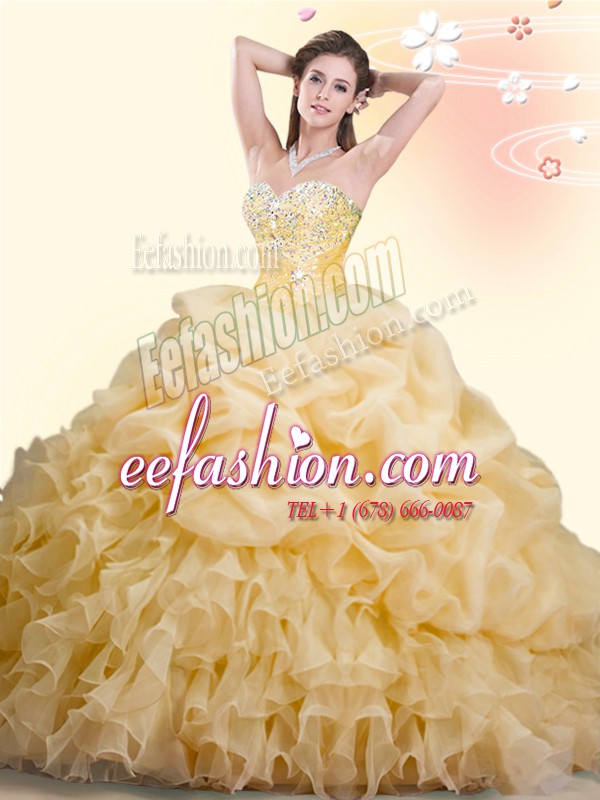 Sumptuous Gold Sweetheart Neckline Beading and Ruffles and Pick Ups Sweet 16 Quinceanera Dress Sleeveless Lace Up