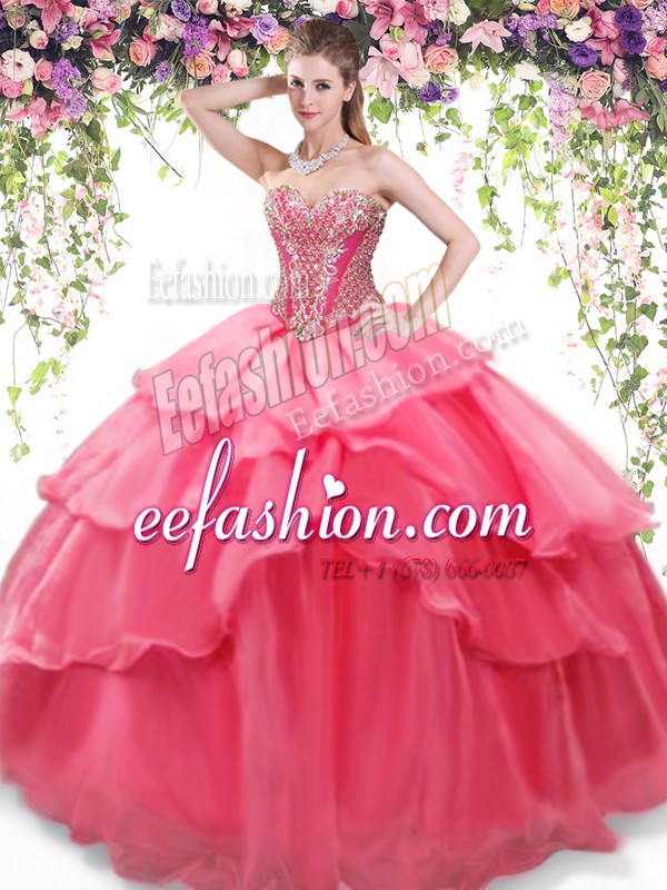 Ruffled Sweetheart Sleeveless Lace Up Sweet 16 Quinceanera Dress Coral Red Organza