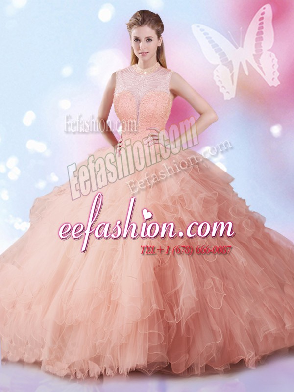 Dramatic Peach Lace Up Quince Ball Gowns Beading and Ruffles Sleeveless Floor Length