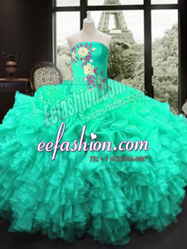  Floor Length Turquoise Sweet 16 Quinceanera Dress Strapless Sleeveless Lace Up