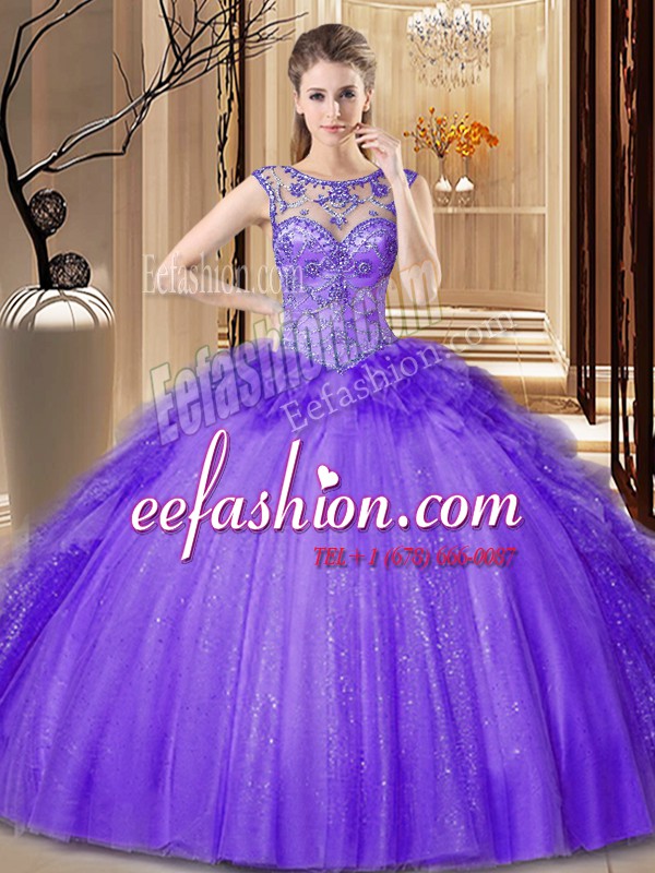 Enchanting Scoop Sleeveless Tulle Floor Length Lace Up Quinceanera Gowns in Purple with Sequins