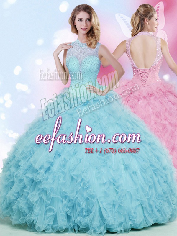 Sexy Baby Blue Tulle Lace Up High-neck Sleeveless Floor Length Vestidos de Quinceanera Beading and Ruffles