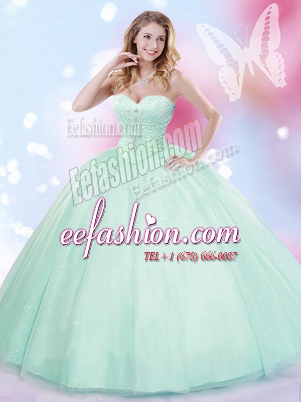  Apple Green Sleeveless Floor Length Beading Lace Up Sweet 16 Dress