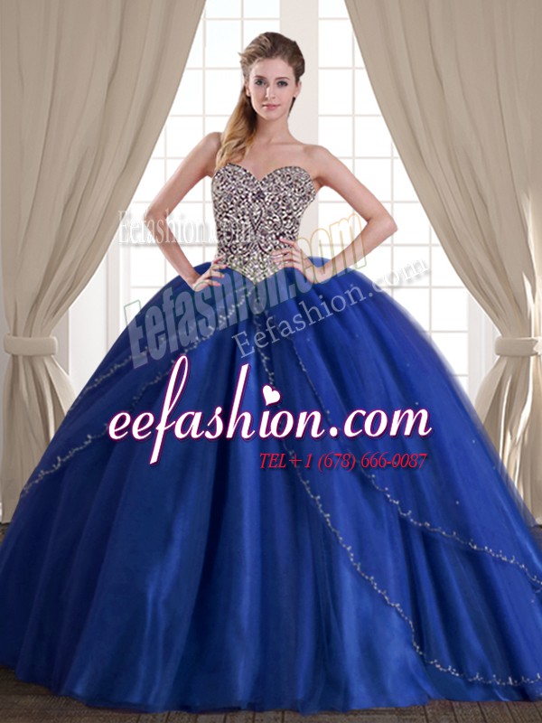 Dramatic Royal Blue Ball Gowns Beading Quinceanera Dresses Lace Up Tulle Sleeveless With Train