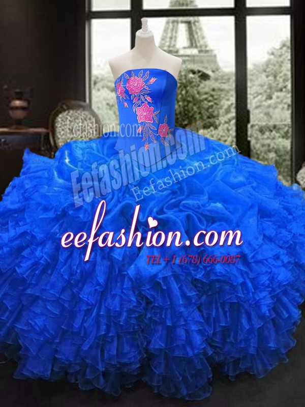 Top Selling Royal Blue 15 Quinceanera Dress Military Ball and Sweet 16 and Quinceanera and For with Embroidery and Ruffles Strapless Sleeveless Lace Up