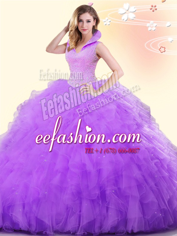 Adorable Backless Lavender Sleeveless Beading and Ruffles Floor Length Ball Gown Prom Dress