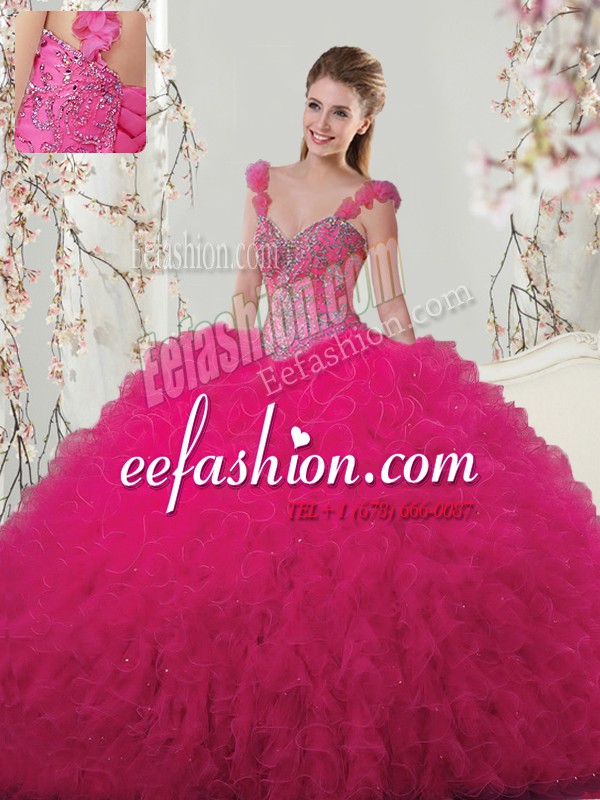 Modest Hot Pink Quinceanera Gowns Military Ball and Sweet 16 and Quinceanera and For with Beading and Ruffles and Hand Made Flower Straps Sleeveless Lace Up