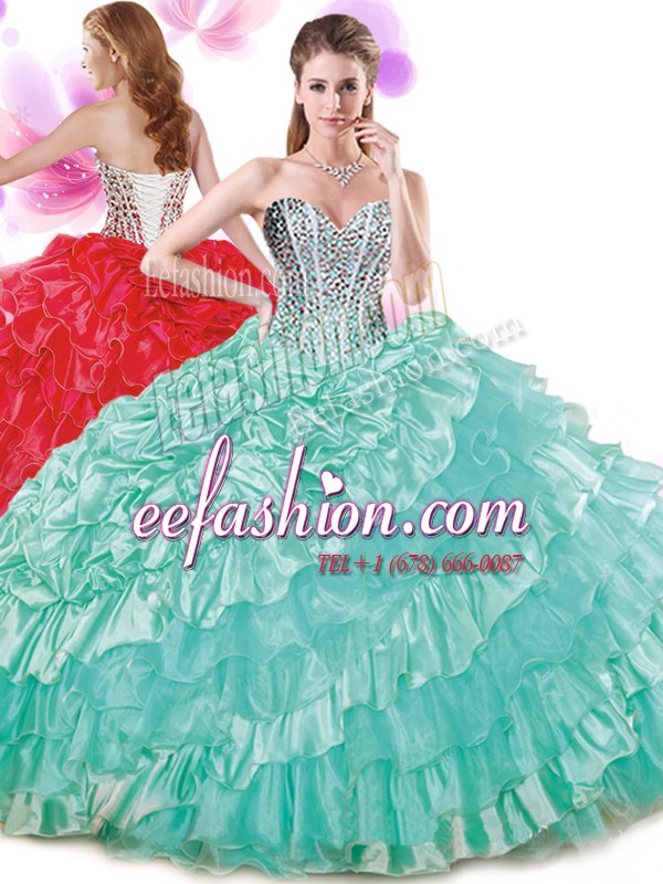 Exquisite Turquoise Ball Gowns Sweetheart Sleeveless Organza and Taffeta Floor Length Lace Up Beading and Ruffled Layers and Pick Ups Quinceanera Dresses