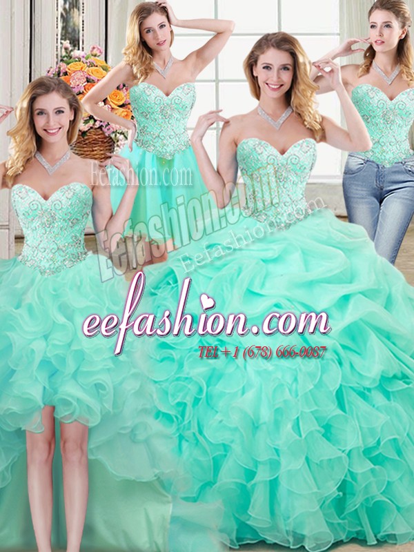 Cute Four Piece Apple Green Lace Up Quinceanera Dresses Beading and Ruffles and Pick Ups Sleeveless Floor Length