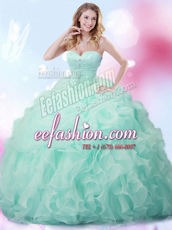  With Train Lace Up Sweet 16 Dresses Apple Green for Military Ball and Sweet 16 and Quinceanera with Beading and Ruffles and Pick Ups Brush Train