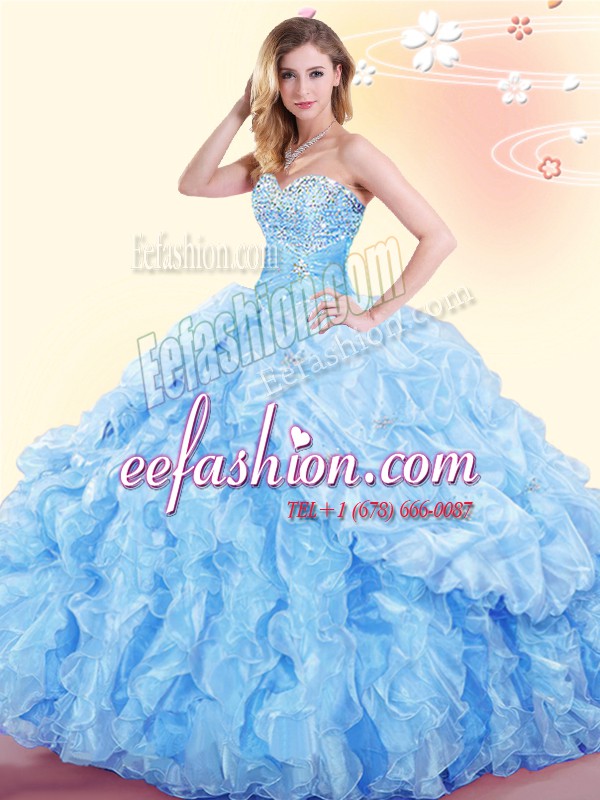 Flirting Floor Length Baby Blue Quinceanera Dresses Organza Sleeveless Beading and Ruffles and Pick Ups