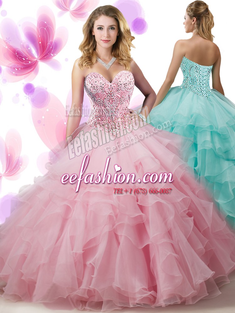 Customized Pink Sweetheart Neckline Beading and Ruffled Layers Quince Ball Gowns Sleeveless Lace Up
