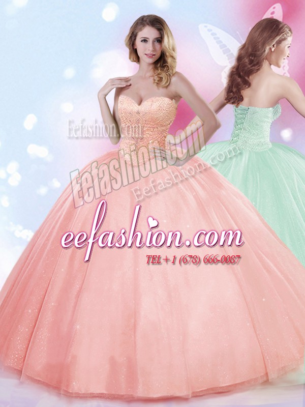  Beading Quinceanera Dress Watermelon Red Lace Up Sleeveless Floor Length