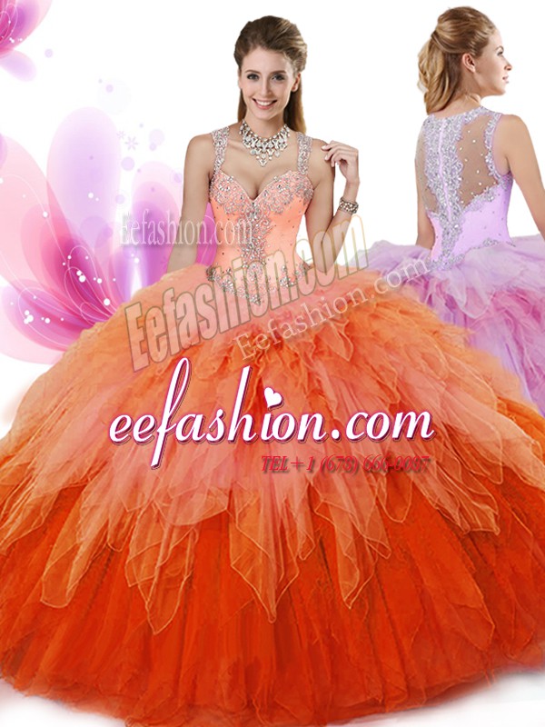  Sleeveless Tulle Floor Length Zipper Quince Ball Gowns in Multi-color with Beading and Ruffles