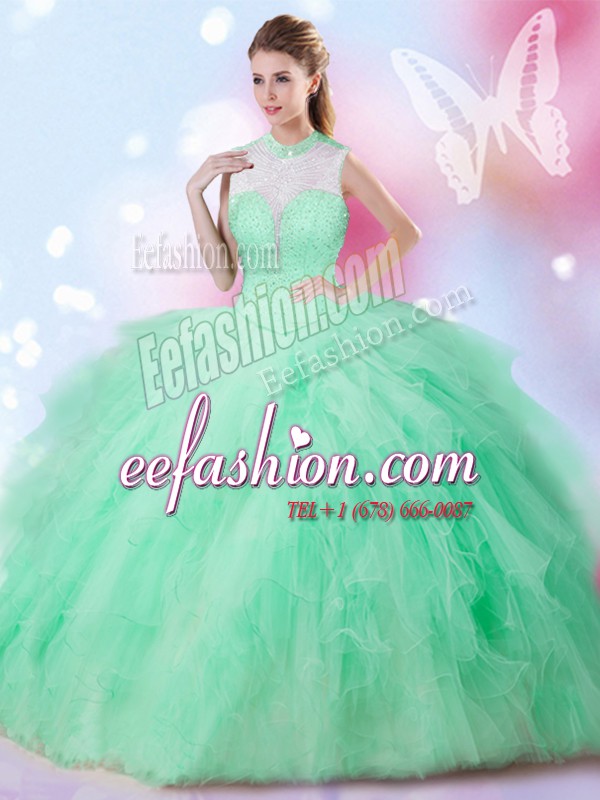 Excellent High-neck Sleeveless Tulle Quinceanera Gowns Beading and Ruffles Lace Up