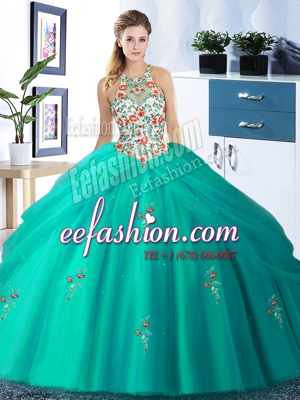 Fabulous Turquoise Ball Gowns Halter Top Sleeveless Tulle Floor Length Lace Up Embroidery and Pick Ups Quinceanera Dress
