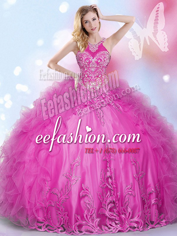 Attractive Halter Top Hot Pink Ball Gowns Beading and Appliques and Ruffles Vestidos de Quinceanera Lace Up Tulle Sleeveless Floor Length