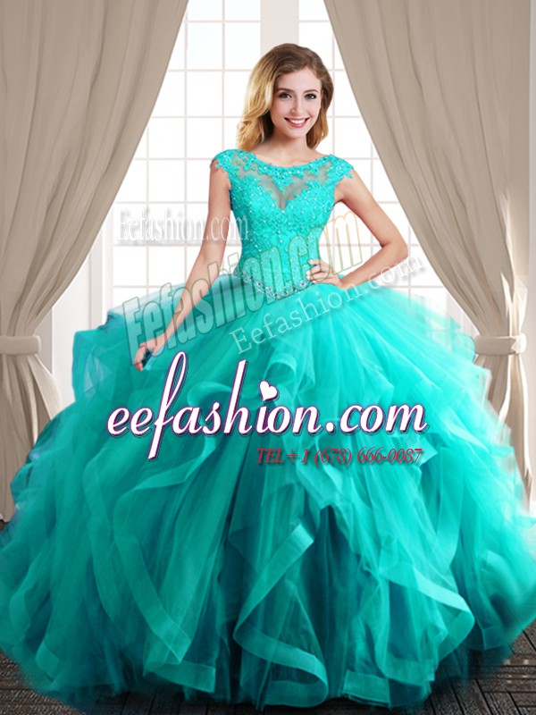 Simple Scoop Turquoise Lace Up Sweet 16 Quinceanera Dress Beading and Appliques and Ruffles Cap Sleeves With Brush Train