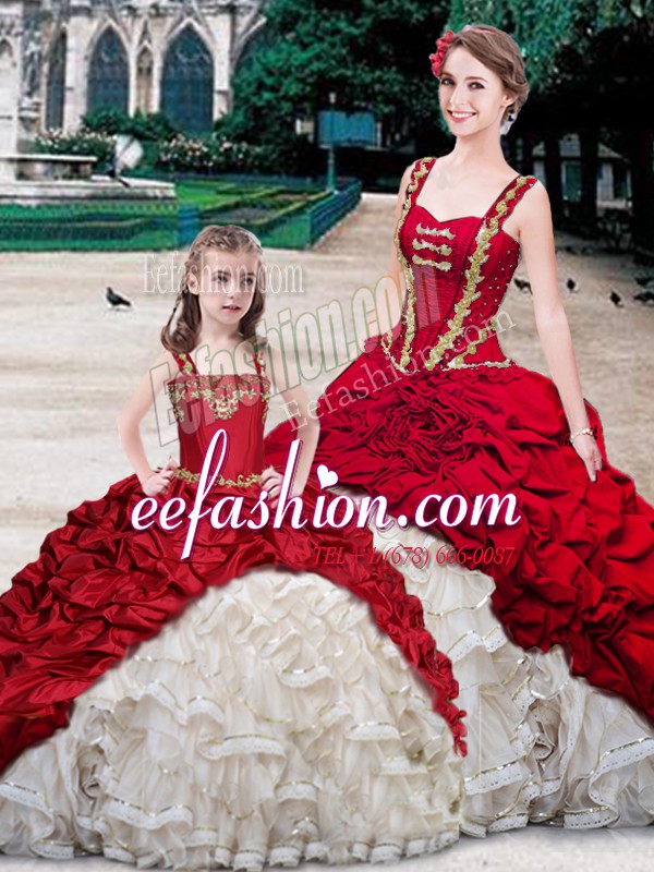 Hot Selling Straps With Train White And Red Vestidos de Quinceanera Organza and Taffeta Brush Train Sleeveless Beading and Ruffles and Pick Ups