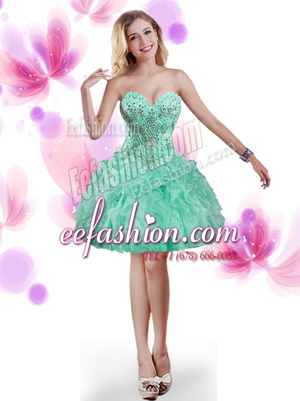 Gorgeous Sleeveless Mini Length Beading and Ruffles Lace Up Prom Gown with Turquoise