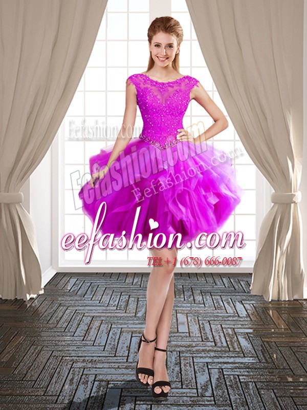  Scoop Cap Sleeves Tulle Mini Length Lace Up Celebrity Style Dress in Fuchsia with Beading and Ruffles