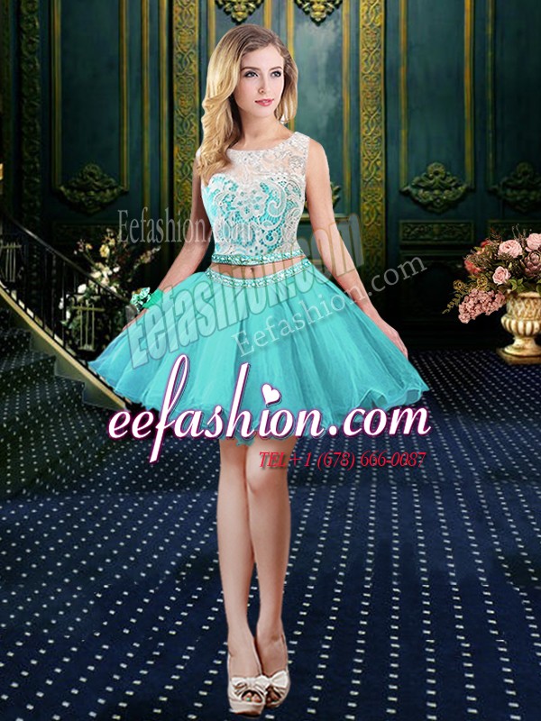 Noble Scoop Mini Length Clasp Handle Prom Evening Gown Aqua Blue for Prom and Party with Lace