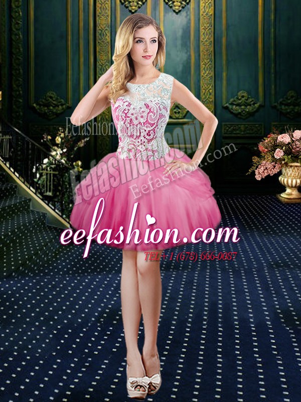 Sophisticated Scoop Hot Pink Ball Gowns Lace Prom Evening Gown Clasp Handle Tulle Sleeveless Mini Length