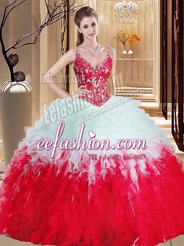 Suitable Straps White And Red Sleeveless Appliques and Ruffles Floor Length 15th Birthday Dress