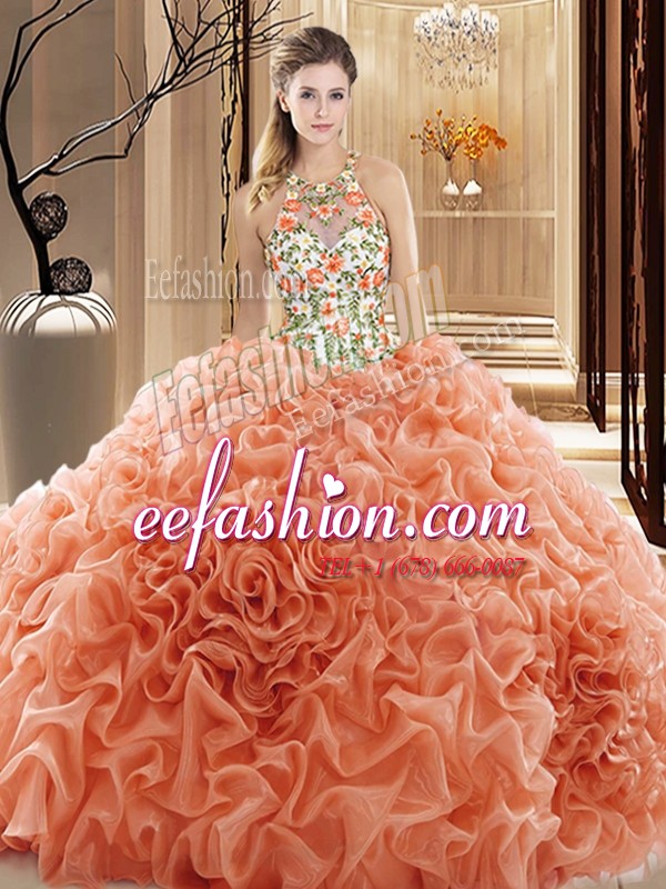 Noble Backless Vestidos de Quinceanera Peach for Prom and Military Ball and Sweet 16 and Quinceanera with Embroidery and Ruffles Court Train