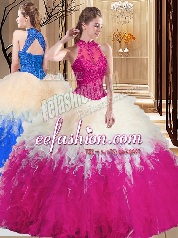  Ball Gowns Quinceanera Dresses Multi-color High-neck Tulle Sleeveless Floor Length Backless