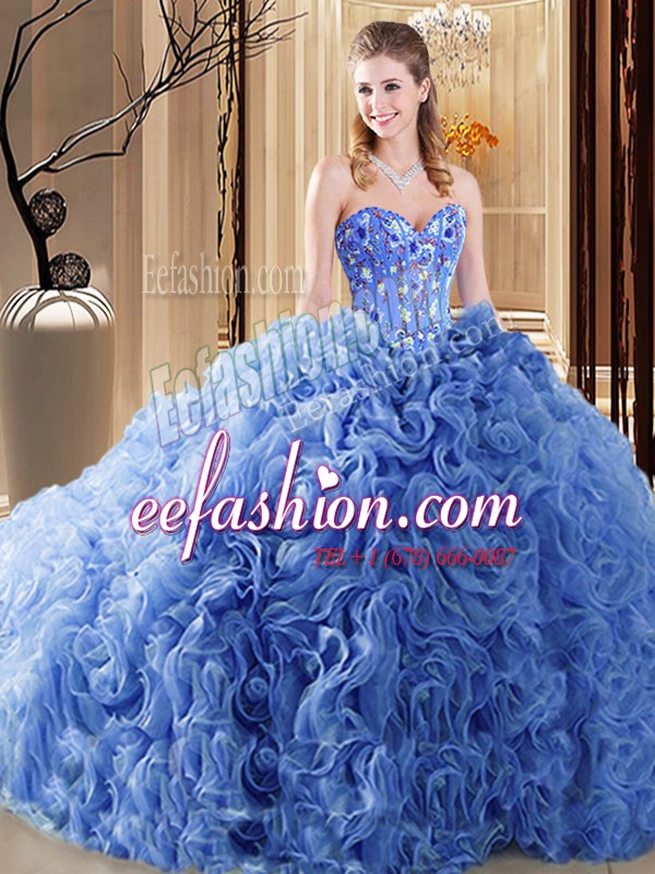 Eye-catching Organza and Fabric With Rolling Flowers Sweetheart Sleeveless Court Train Lace Up Embroidery and Ruffles Quinceanera Gown in Blue
