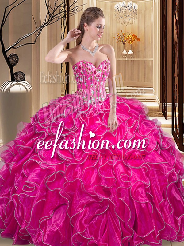  Fuchsia Sleeveless Floor Length Embroidery and Ruffles Lace Up Sweet 16 Dress