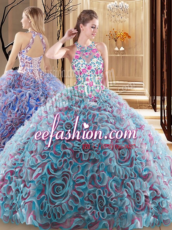 Sweep Train Ball Gowns Sweet 16 Quinceanera Dress Multi-color High-neck Fabric With Rolling Flowers Sleeveless Criss Cross