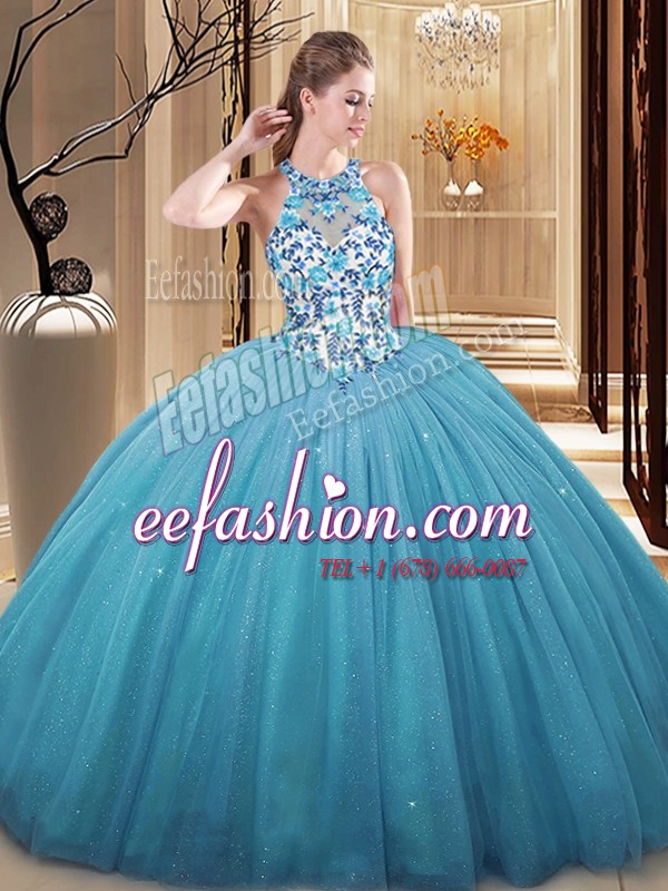 Beautiful Sleeveless Floor Length Lace and Appliques Lace Up Vestidos de Quinceanera with Blue