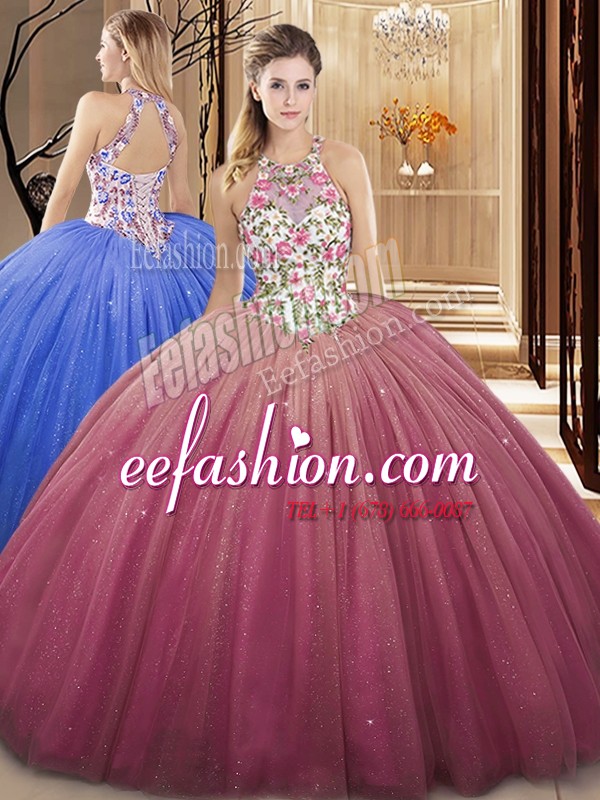 Edgy Burgundy Tulle Lace Up High-neck Sleeveless Floor Length Quinceanera Gown Lace and Appliques