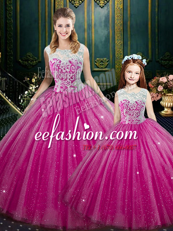  Sleeveless Floor Length Lace Lace Up Quinceanera Gown with Hot Pink